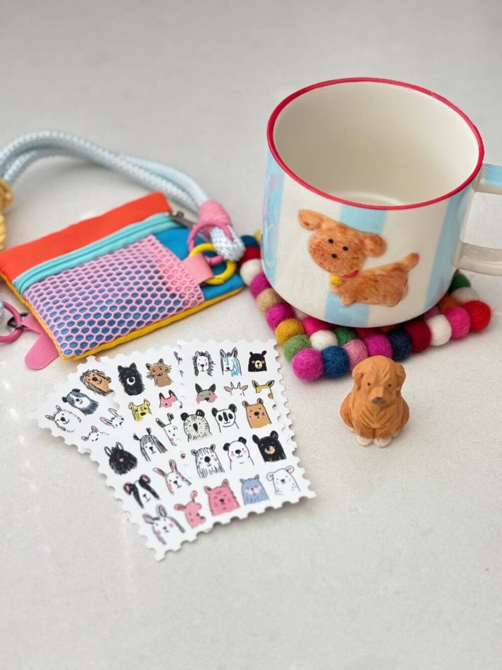 Dog Lover Gift Set, Dog Mug, Cute Pouch, Dog Stickers, Felt Coaster, Wooden Dog